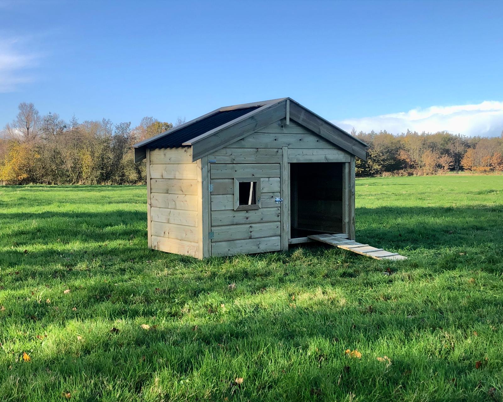 Eendenhok voorzien van een brede loopplank.
